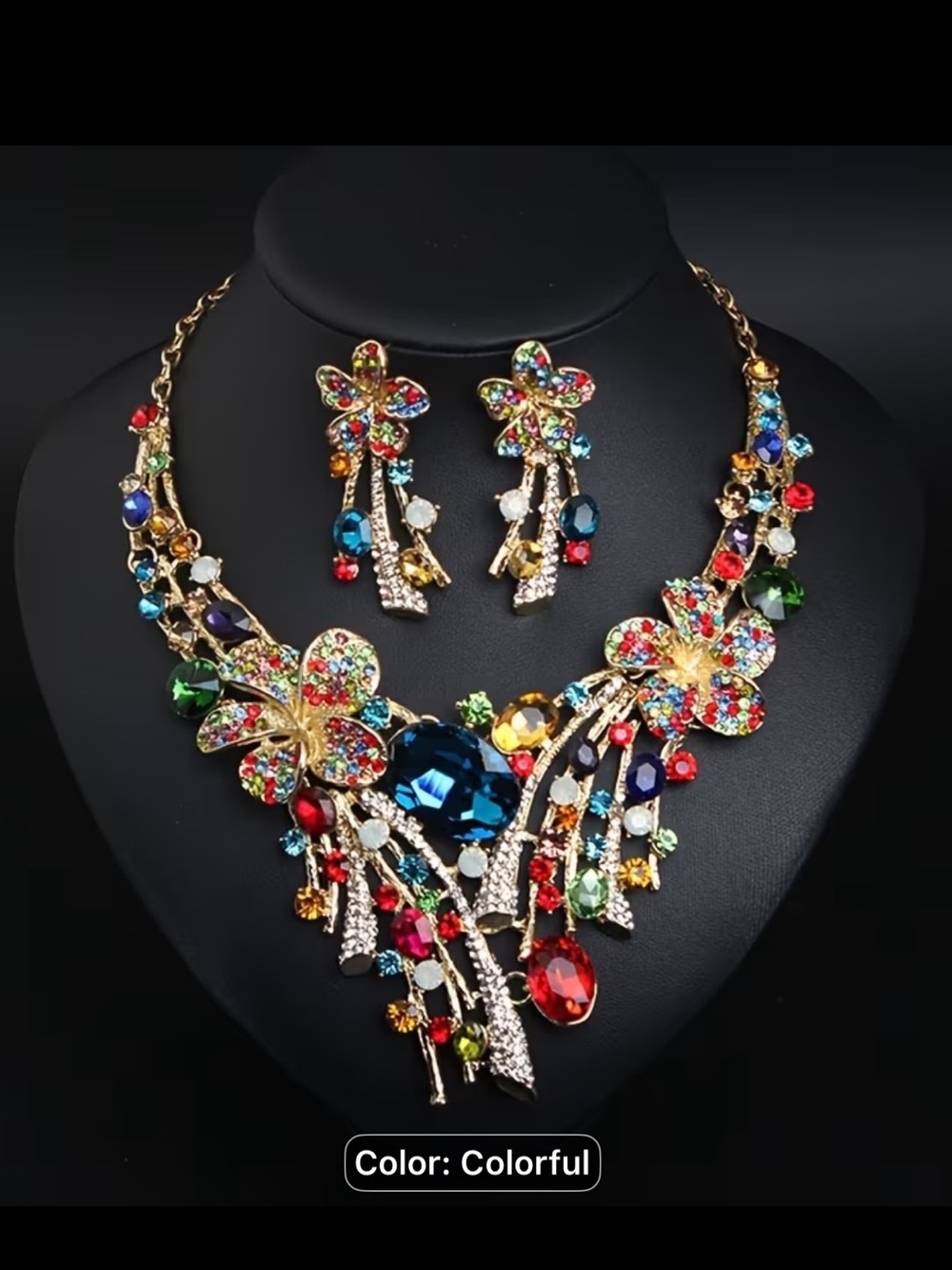Multicolor Crystal Floral Statement Necklace & Earring Set